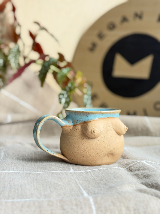 Handmade Speckled Tan & Aqua Boob Mug