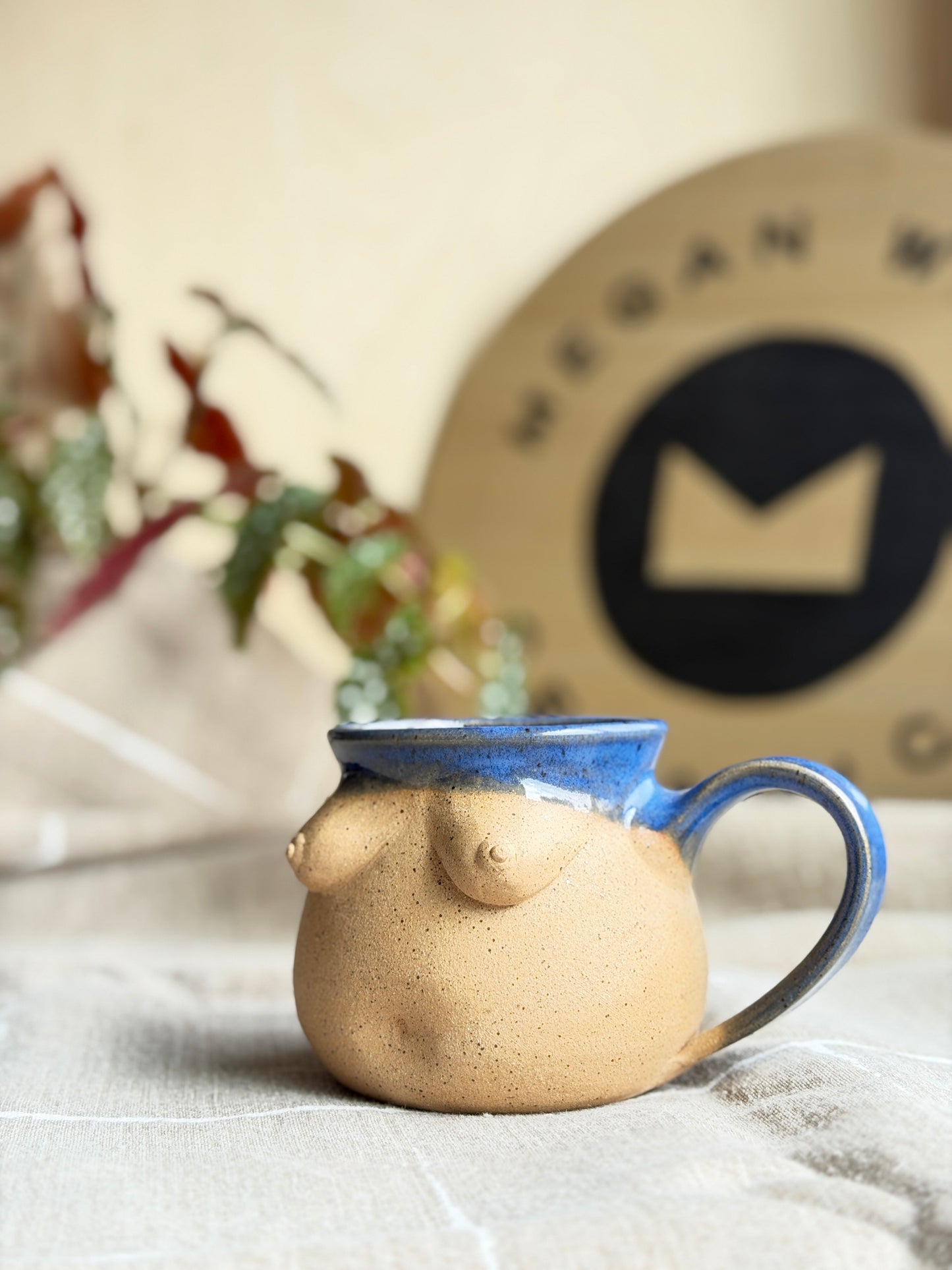 Handmade Speckled Tan & Cobalt Boob Mug